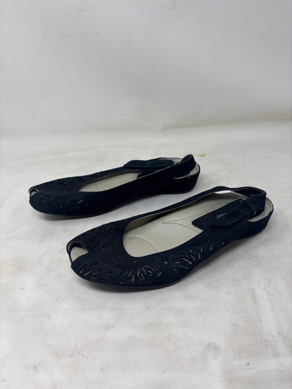 Earthies Black Peep-Toe Slingback Flats with Cutout Floral Detail